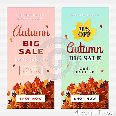 Autumn big sale vector illustration. A pile of dry leaves background, up to 50% off text. Fall discount online shop banner Cartoon Illustration