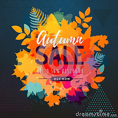 Autumn big sale watercolor poster with autumn leaves. Autumn background Vector Illustration