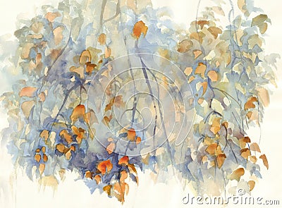 Autumn birch branches with leaves watercolor background Stock Photo