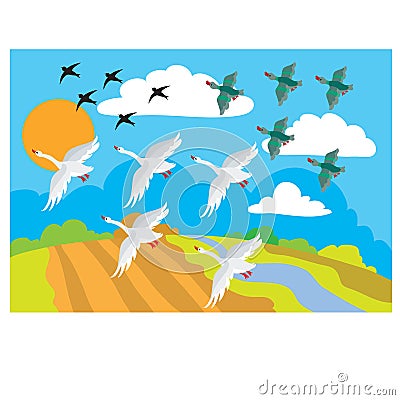 In autumn, birds fly to warm lands, schools, cartoon illustration, vector Vector Illustration