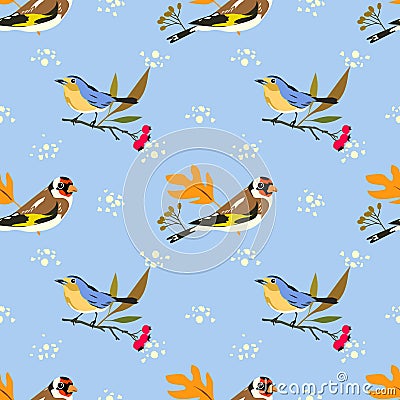 Autumn birds repeated seamless vector pattern with goldfinch, robin and plants elements Vector Illustration