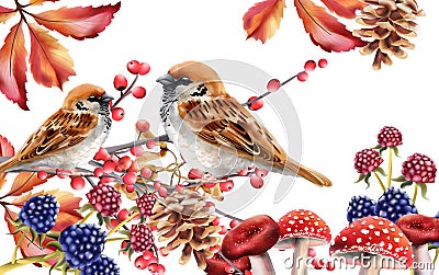 Autumn birds sitting on red berries branch Vector Illustration