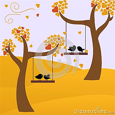 Autumn and birds Cartoon Illustration