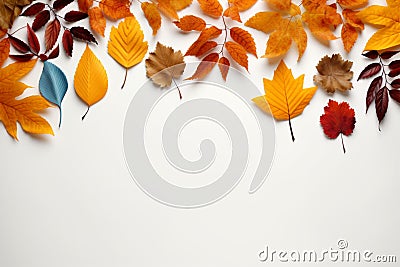 Autumn Bliss White background adorned with happy autumn leaves, copy space Stock Photo