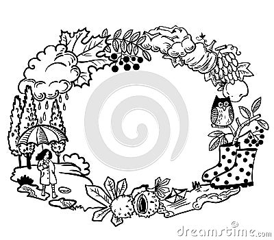 Autumn border design as landscape with girl with umbrella, pound Vector Illustration