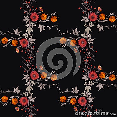 Autumn bouquets of red and orange flowers on black background. Vector seamless pattern Vector Illustration