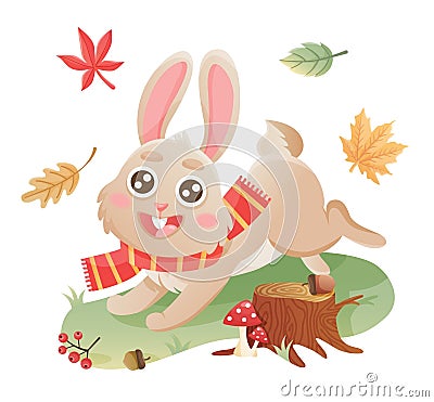 Autumn bunny character. Cute cartoon rabbit runnung in autumn forest. Autumn leaves, mushrooms, acorns, fly agaric. Vector Illustration