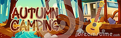 Autumn camping cartoon banner, touristic camp Vector Illustration