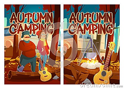 Autumn camping cartoon posters, touristic vacation Vector Illustration