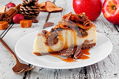 Autumn caramel apple pecan cheesecake, close up side against white wood Stock Photo