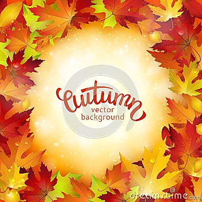 Autumn card, colorful leaves and handwritten lettering, background, template, illustration Vector Illustration