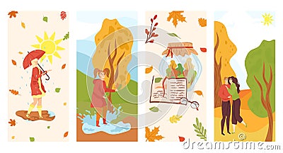 Autumn cards set, autumnal leaves and trees with loving cople, vector illustration. Vintage cards with girl under Vector Illustration