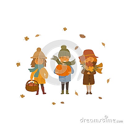 Autumn children boy and girls with apple baskets, dry fall leaves and pumpkin isolated vector illustration scene Vector Illustration