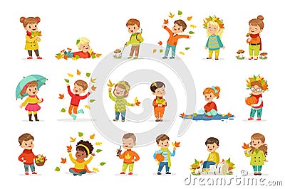 Autumn children s outdoor seasonal activities set. Collecting leaves, playing and throwing leaves, picking mushrooms Vector Illustration