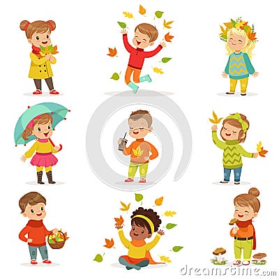 Autumn children s outdoor seasonal activities set. Collecting leaves, playing and throwing leaves, picking mushrooms Vector Illustration