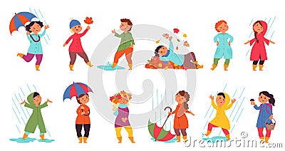 Autumn children walking. Cute kids, funny kid play with yellow leaves. Girl wear raincoat, fall season clothes. Boy with Vector Illustration