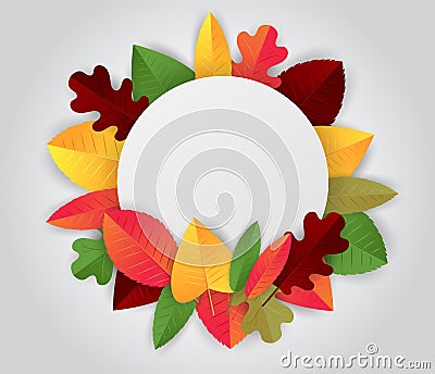 Autumn circular banner with green, red, and orange leaves. Design for advertisement, promo. Vector Illustration