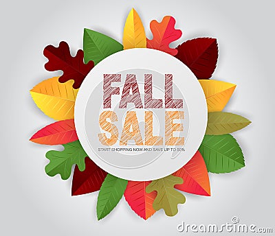 Autumn circular banner with green, red, and orange leaves. Fall sale promo design. Vector Illustration