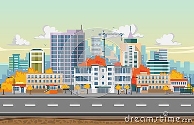 Autumn city landscape in flat design. Skyscrapers, bus stop, road, trees and city buildings. Seamless city landscape background. Vector Illustration