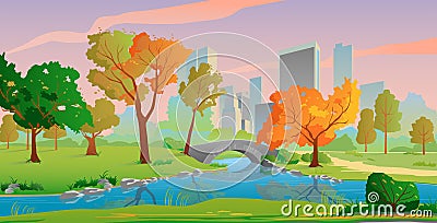 Autumn city landscape with river and yellow trees, beautiful sunset colors. Vector Illustration