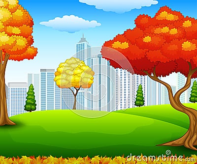 Autumn city park with building background Vector Illustration