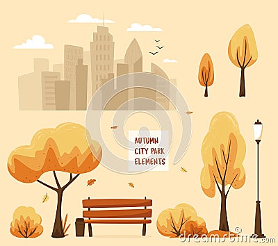 Autumn city park elements. Urban outdoor decor: bench, lamps, trash box, trees and bushes, city silhouette. For construction of Vector Illustration