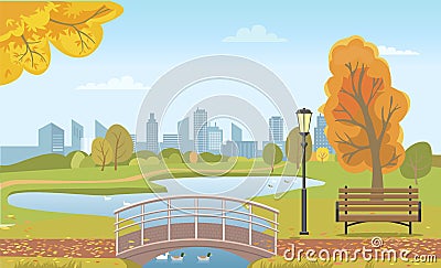 Autumn City Park with Pond and Ducks under Bridge Vector Illustration