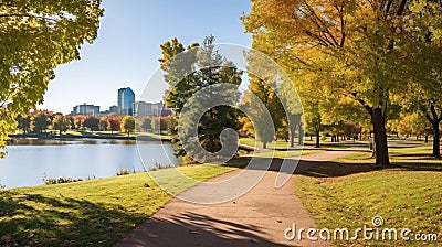 Autumn City Park - A sunny autumn afternoon view of a quiet running trail winding in a city park Stock Photo