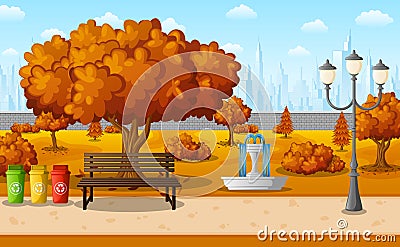 Autumn city park with town buildings Vector Illustration