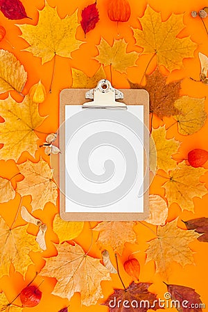 Autumn clipboard mockup with fall leaves Stock Photo