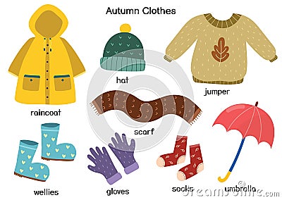 Autumn clothes set with raincoat, jumper, hat, wellies. Fall season outfit collection Vector Illustration