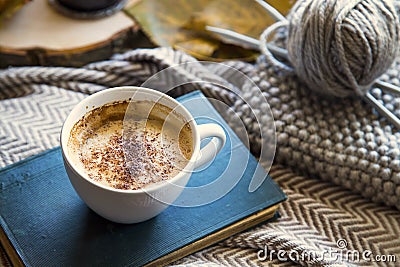 Autumn coffee cup with book and knitting wool and needles, cozy fall deco concept, home lifestyle warm coffee cup in autumn Stock Photo