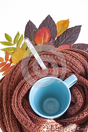 Autumn cold, illnes. Autumn cold. Blue mug, knitted scarf, thermometer and autumn leaves Stock Photo