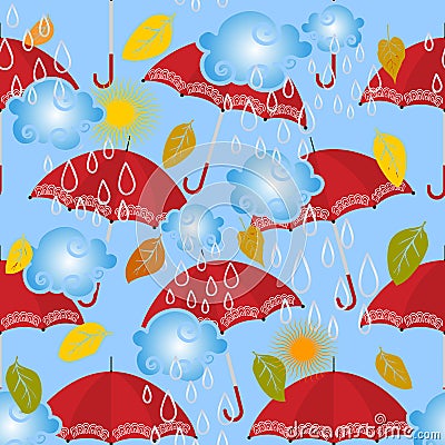 Autumn colorful cartoon vector seamless pattern. Ornamental abstract decorative background. Light blue sky, clouds, rain drops, r Vector Illustration