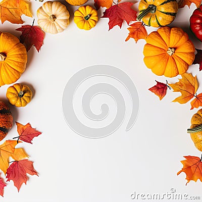 Autumn colorful leaves and orange pumpkins on light background. Stock Photo