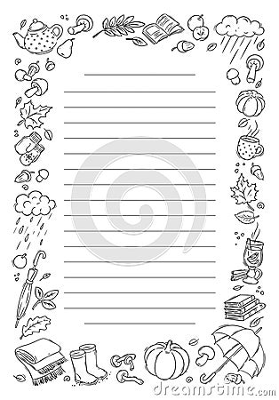 Autumn coloring doodles. Black and white vertical Daily planner sheet Stock Photo