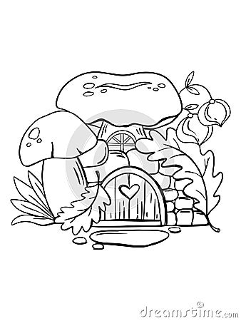 Autumn coloring page for kids. Outline illustration of mushroom house under flower. Cartoon magic building. Cartoon Illustration