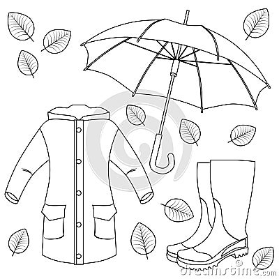 Autumn coloring set: raincoat, boots, umbrella and leaves. Vector illustration Vector Illustration