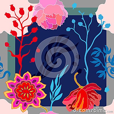 Autumn colors. Silk scarf with blooming fantasy flowers. Vector Illustration