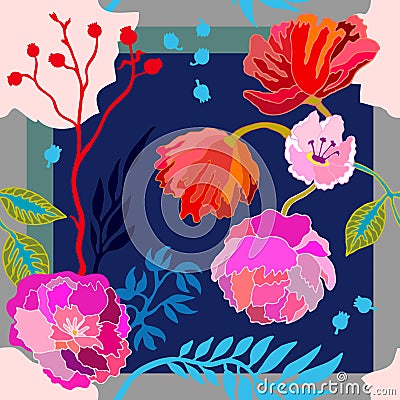 Autumn colors. Silk scarf with blooming flowers. Vector Illustration