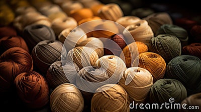 Autumn colors yarn balls background, web banner. Many earthy tones yarn threads for knitting craft background Stock Photo
