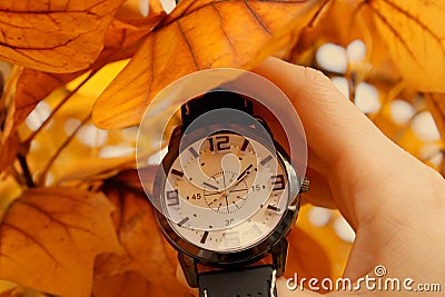 Autumn come with Clock isolated Stock Photo