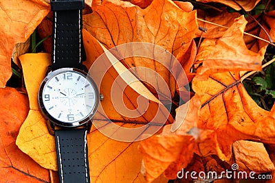 Autumn come with Clock isolated on ground Stock Photo