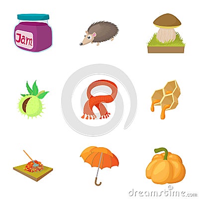 Autumn coming icons set, cartoon style Vector Illustration