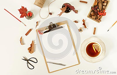 Autumn composition background. Artist home office desk workspace Stock Photo
