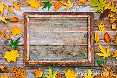 Bright autumn leaves and picture frame on wooden background with copy space. mock up for text, congratulations, phrases, lettering Stock Photo