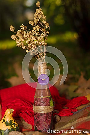 Autumn composition, decorative vase with artificial flowers, plaid, dry maple leaves, small pumpkin. Stock Photo