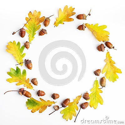 Autumn composition. Frame made of autumn leaves and pine cones on white background. Flat lay, top view, copy space Stock Photo