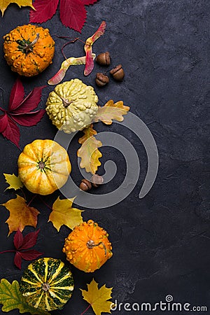 Autumn composition. Frame made of different multicolor dried leaves and pumpkin on dark background. Autumn, fall concept. Flat lay Stock Photo