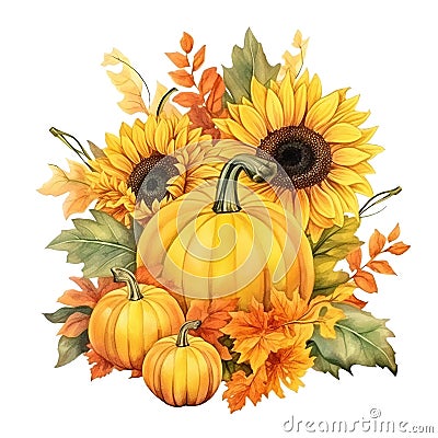 autumn composition with harvest, with pumpkins and sunflower flowers in vintage style. Stock Photo